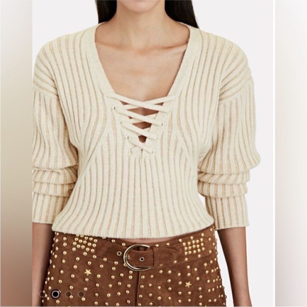 INTERMIX Beige Lace-Up V-Neck Sweater, M